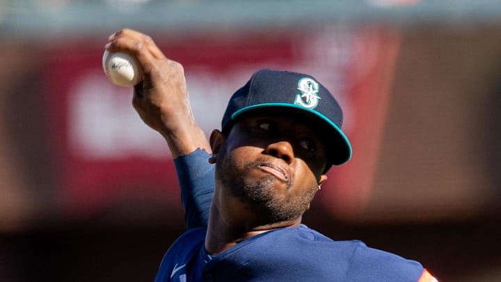 Seattle Mariners reliever Gregory Santos throws during a game against the San Francisco Giants on April 4 at Oracle Park.