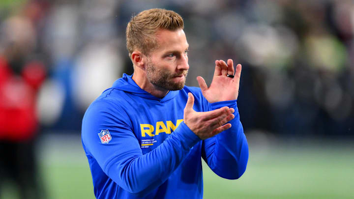 Dec 18, 2025; Seattle, Washington, USA; Los Angeles Rams head coach Sean McVay looks on before the game against the Seattle Seahawks at Lumen Field. Mandatory Credit: Steven Bisig-Imagn Images