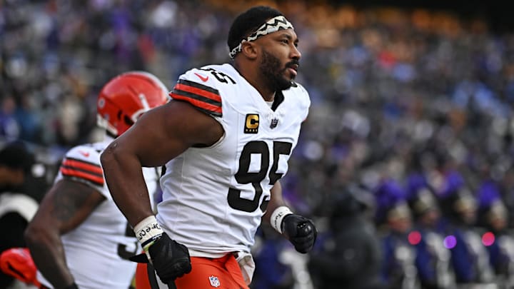 Jan 4, 2025; Baltimore, Maryland, USA; Cleveland Browns defensive end Myles Garrett (95) warms up before the game against the Baltimore Ravens at M&T Bank Stadium. Mandatory Credit: Tommy Gilligan-Imagn Images
