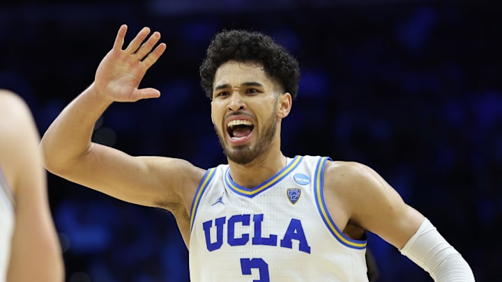 Mar 25, 2022; Philadelphia, PA, USA; UCLA Bruins guard Johnny Juzang (3) and guard Jaime Jaquez Jr. (24) react in the second half against the North Carolina Tar Heels in the semifinals of the East regional of the men's college basketball NCAA Tournament at Wells Fargo Center. Mandatory Credit: Bill Streicher-Imagn Images Mar 25, 2022; Philadelphia, PA, USA; UCLA Bruins guard Johnny Juzang (3) and guard Jaime Jaquez Jr. (24) react in the second half against the North Carolina Tar Heels in the semifinals of the East regional of the men's college basketball NCAA Tournament at Wells Fargo Center. Mandatory Credit: Bill Streicher-Imagn Images