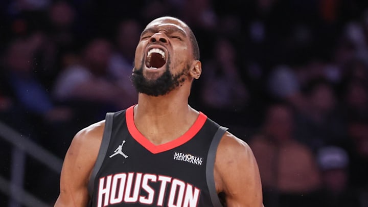 Feb 21, 2026; New York, New York, USA;  Houston Rockets forward Kevin Durant (7) celebrates after scoring in the third quarter against the New York Knicks at Madison Square Garden. Mandatory Credit: Wendell Cruz-Imagn Images