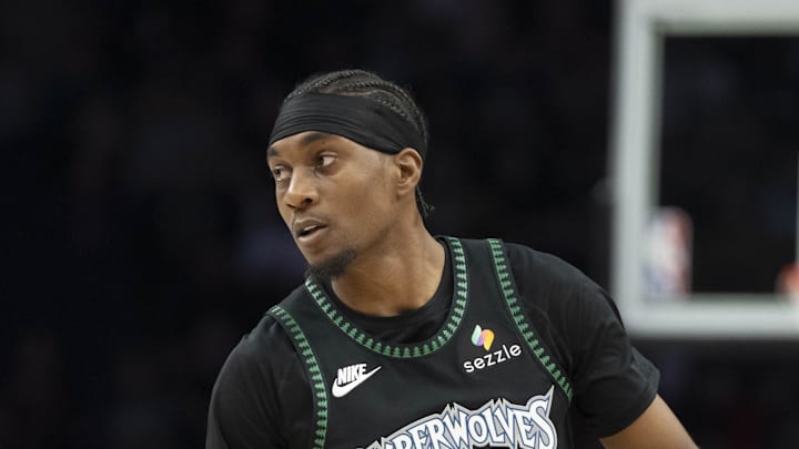 Mar 5, 2026; Minneapolis, Minnesota, USA; Minnesota Timberwolves forward Jaden McDaniels (3) dribbles the ball against the Toronto Raptors in the first half at Target Center. Mandatory Credit: Jesse Johnson-Imagn Images