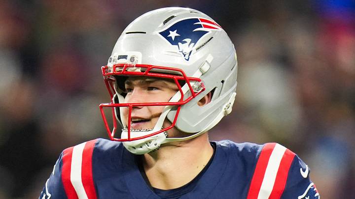 Jan 11, 2026; Foxborough, MA, USA; New England Patriots quarterback Drake Maye (10) smiles after a touchdown pass during the fourth quarter against the Los Angeles Chargers in an AFC Wild Card Round game at Gillette Stadium. Mandatory Credit: David Butler II-Imagn Images