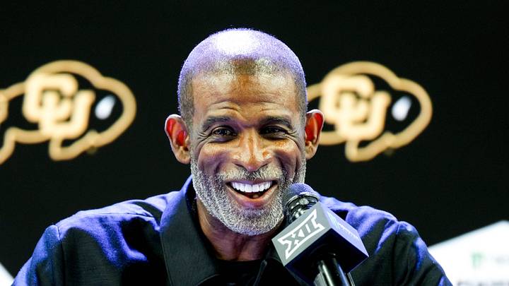 Jul 7, 2026; Frisco, TX, USA;  Colorado head coach Deion Sanders speaks to reporters during Big 12 Conference Football Media Days at The Star. Mandatory Credit: Raymond Carlin III-Imagn Images