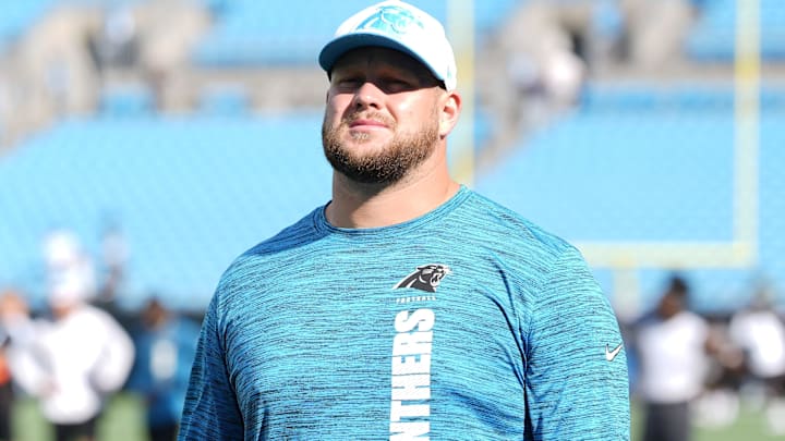 Aug 17, 2024; Charlotte, North Carolina, USA; Carolina Panthers guard Cade Mays (64) during pregame warm ups against the New York Jets at Bank of America Stadium. Mandatory Credit: Jim Dedmon-Imagn Images Aug 17, 2024; Charlotte, North Carolina, USA; Carolina Panthers guard Cade Mays (64) during pregame warm ups against the New York Jets at Bank of America Stadium. Mandatory Credit: Jim Dedmon-Imagn Images