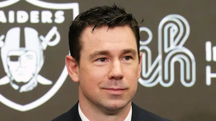 Feb 10, 2026; Henderson, NV, USA; Las Vegas Raiders coach Klint Kubiak speaks at introductory press conference at Intermountain Health Performance Center. Mandatory Credit: Kirby Lee-Imagn Images