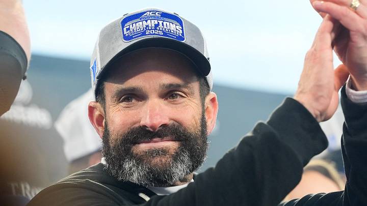 Dec 6, 2025; Charlotte, NC, USA; Duke Blue Devils head coach Manny Diaz celebrates defeating the Virginia Cavaliers during the 2025 ACC Championship game at Bank of America Stadium. Mandatory Credit: Jim Dedmon-Imagn Images