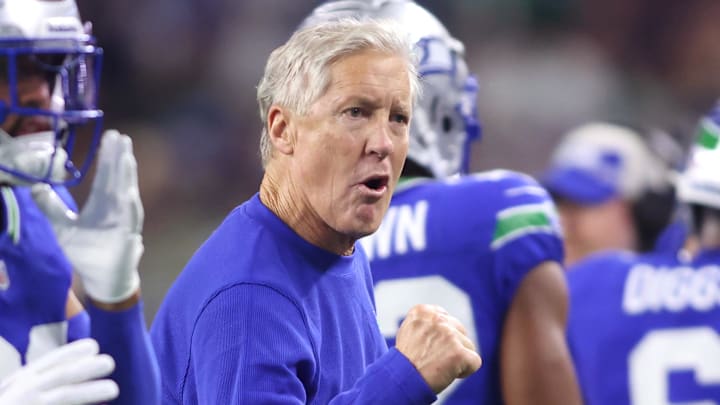 Nov 30, 2023; Arlington, Texas, USA; Seattle Seahawks head coach Pete Carroll reacts during the first half against the Dallas Cowboys at AT&T Stadium. Mandatory Credit: Tim Heitman-Imagn Images