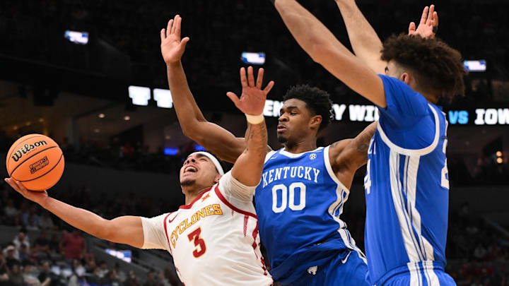 Mar 22, 2026; St. Louis, MO, USA; Iowa State Cyclones guard Tamin Lipsey (3) shoots a lay up as Kentucky Wildcats guard Otega Oweh (00) defends during the first half during a second round game of the men's 2026 NCAA Tournament at Enterprise Center. Mandatory Credit: Jeff Curry-Imagn Images Mar 22, 2026; St. Louis, MO, USA; Iowa State Cyclones guard Tamin Lipsey (3) shoots a lay up as Kentucky Wildcats guard Otega Oweh (00) defends during the first half during a second round game of the men's 2026 NCAA Tournament at Enterprise Center. Mandatory Credit: Jeff Curry-Imagn Images