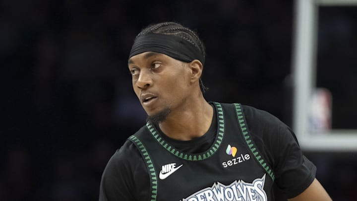 Mar 5, 2026; Minneapolis, Minnesota, USA; Minnesota Timberwolves forward Jaden McDaniels (3) dribbles the ball against the Toronto Raptors in the first half at Target Center. Mandatory Credit: Jesse Johnson-Imagn Images