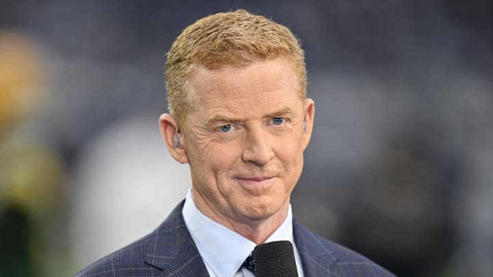 Sep 28, 2025; Arlington, Texas, USA; NBC commentator Jason Garrett before the game between the Dallas Cowboys and the Green Bay Packers at AT&T Stadium. Mandatory Credit: Jerome Miron-Imagn Images