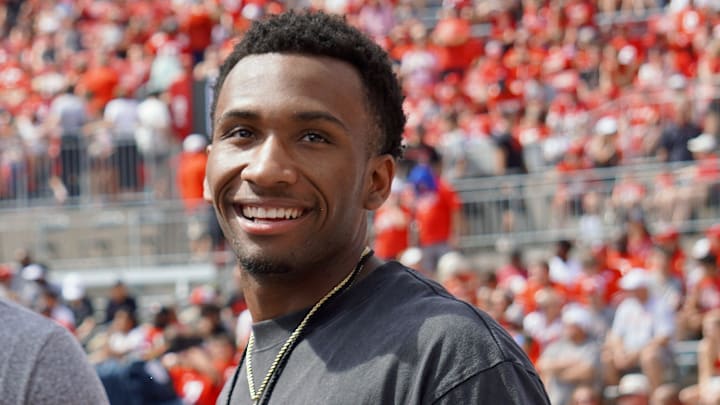 Aug 31, 2024; Columbus, OH, USA; Prolific Prep (Napa, California) combo guard and Ohio State basketball target Darryn Peterson watches OSU football warm up before the Buckeyes' 52-6 win over Akron.