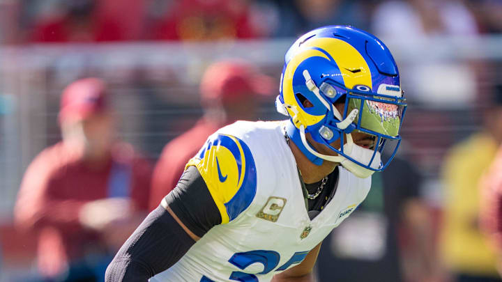 November 9, 2025; Santa Clara, California, USA; Los Angeles Rams safety Quentin Lake (37) warms up before the game against the San Francisco 49ers at Levi's Stadium. Mandatory Credit: Kyle Terada-Imagn Images