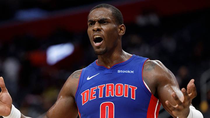 Dec 16, 2024; Detroit, Michigan, USA;  Detroit Pistons center Jalen Duren (0) reacts in the first half against the Miami Heat at Little Caesars Arena. Mandatory Credit: Rick Osentoski-Imagn Images
