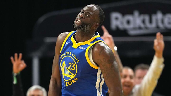 Dec 15, 2024; San Francisco, California, USA; Golden State Warriors forward Draymond Green (23) reacts after making a three point basket against the Dallas Mavericks during the second quarter at Chase Center. Mandatory Credit: Darren Yamashita-Imagn Images