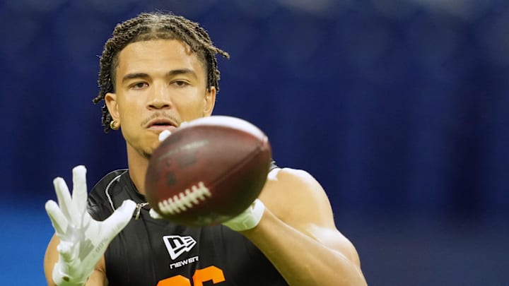 Feb 28, 2026; Indianapolis, IN, USA; North Dakota State wideout Bryce Lance (WO26) catches the ball during the NFL Scouting Combine at Lucas Oil Stadium. Mandatory Credit: Kirby Lee-Imagn Images