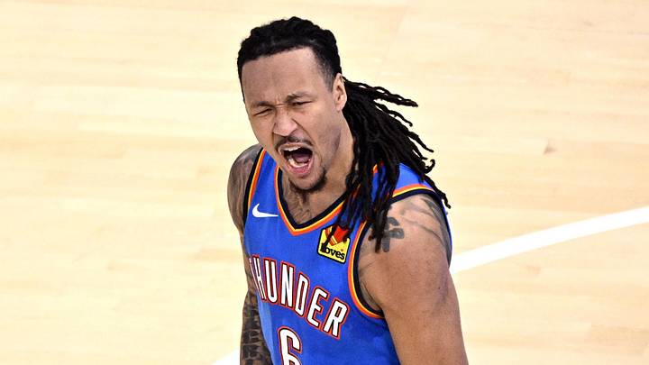 May 30, 2026; Oklahoma City, Oklahoma, USA; Oklahoma City Thunder forward Jaylin Williams (6) reacts in the third quarter against the San Antonio Spurs during game seven of the western conference finals for the 2026 NBA playoffs at Paycom Center. Mandatory Credit: Jerome Miron-Imagn Images
