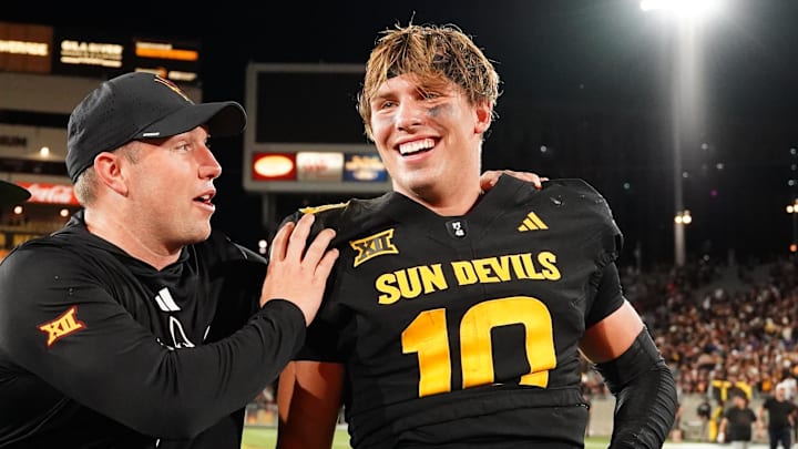 Sep 26, 2025; Tempe, Arizona, USA; Arizona State Sun Devils quarterback Sam Leavitt (10) celebrates with head coach Kenny Dillingham after win against TCU Horned Frogs at Mountain America Stadium, Home of the ASU Sun Devils. Mandatory Credit: Jacob Reiner-Imagn Images Sep 26, 2025; Tempe, Arizona, USA; Arizona State Sun Devils quarterback Sam Leavitt (10) celebrates with head coach Kenny Dillingham after win against TCU Horned Frogs at Mountain America Stadium, Home of the ASU Sun Devils. Mandatory Credit: Jacob Reiner-Imagn Images