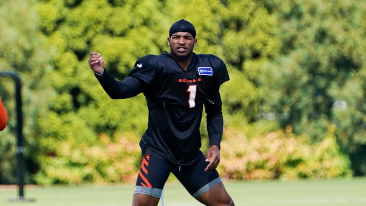 Cincinnati Bengals wide receiver Ja'Marr Chase (1) participates in drills during practice, Thursday, Sept. 5, 2024, at the Kettering Health Practice Fields outside of Paycor Stadium in Cincinnati.