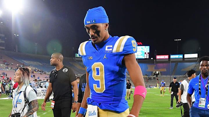 Aug 30, 2025; Pasadena, California, USA; UCLA Bruins quarterback Nico Iamaleava (9) leaves the field following the loss aganst the Utah Utes at Rose Bowl. Mandatory Credit: Gary A. Vasquez-Imagn Images