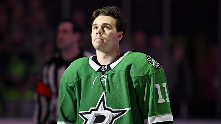 Mar 2, 2025; Dallas, Texas, USA; Dallas Stars center Logan Stankoven (11) before the game between the Dallas Stars and the St. Louis Blues at the American Airlines Center. Mandatory Credit: Jerome Miron-Imagn Images