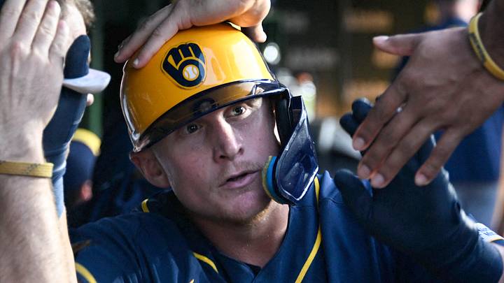 Sep 3, 2026; Chicago, Illinois, USA; Milwaukee Brewers first baseman Andrew Vaughn (28) celebrates in the dugout after hitting a home run against the Chicago Cubs during the fourth inning at Wrigley Field. Mandatory Credit: Matt Marton-Imagn Images Sep 3, 2026; Chicago, Illinois, USA; Milwaukee Brewers first baseman Andrew Vaughn (28) celebrates in the dugout after hitting a home run against the Chicago Cubs during the fourth inning at Wrigley Field. Mandatory Credit: Matt Marton-Imagn Images