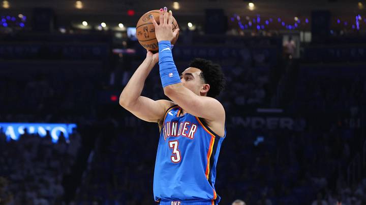 May 20, 2026; Oklahoma City, Oklahoma, USA; Oklahoma City Thunder guard Jared McCain (3) shoots during the third quarter against the San Antonio Spurs during game two of the western conference finals for the 2026 NBA playoffs at Paycom Center. Mandatory Credit: Brett Rojo-Imagn Images May 20, 2026; Oklahoma City, Oklahoma, USA; Oklahoma City Thunder guard Jared McCain (3) shoots during the third quarter against the San Antonio Spurs during game two of the western conference finals for the 2026 NBA playoffs at Paycom Center. Mandatory Credit: Brett Rojo-Imagn Images