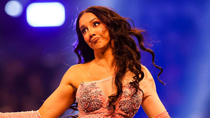 Chelsea Green celebrates Saturday, Feb. 1, 2025, during the WWE Royal Rumble at Lucas Oil Stadium in Indianapolis.