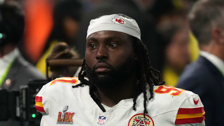 Feb 9, 2025; New Orleans, LA, USA; Kansas City Chiefs defensive tackle Derrick Nnadi (91) eacts after the losing to the Philadelphia Eagles in Super Bowl LIX at Caesars Superdome. Mandatory Credit: Kirby Lee-Imagn Images