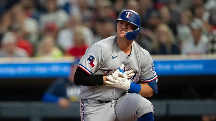 Sep 25, 2026; Minneapolis, Minnesota, USA; Texas Rangers designated hitter Josh Jung (6) holds his hand after getting hit by the ball against the Minnesota Twins in the first inning at Target Field. Mandatory Credit: Jesse Johnson-Imagn Images Sep 25, 2026; Minneapolis, Minnesota, USA; Texas Rangers designated hitter Josh Jung (6) holds his hand after getting hit by the ball against the Minnesota Twins in the first inning at Target Field. Mandatory Credit: Jesse Johnson-Imagn Images