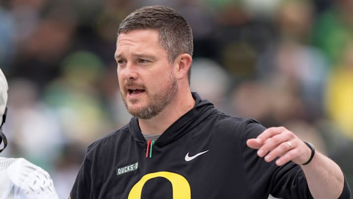 Oregon coach Dan Lanning greets Fighting Ducks running back Jayden Limar before the game as the Fighting Ducks face off against Mighty Oregon in the Oregon Ducks spring game on April 26, 2025, at Autzen Stadium in Eugene. Oregon coach Dan Lanning greets Fighting Ducks running back Jayden Limar before the game as the Fighting Ducks face off against Mighty Oregon in the Oregon Ducks spring game on April 26, 2025, at Autzen Stadium in Eugene.