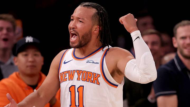 Oct 25, 2024; New York, New York, USA; New York Knicks guard Jalen Brunson (11) reacts during the second quarter against the Indiana Pacers at Madison Square Garden. Mandatory Credit: Brad Penner-Imagn Images