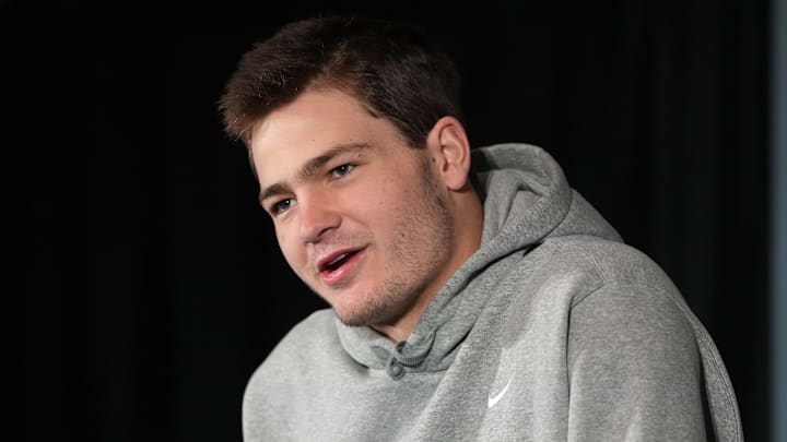 Feb 5, 2026; Santa Clara, CA, USA; New England Patriots quarterback Drake Maye (10) talks to media members at the Santa Clara Marriott. Mandatory Credit: Darren Yamashita-Imagn Images