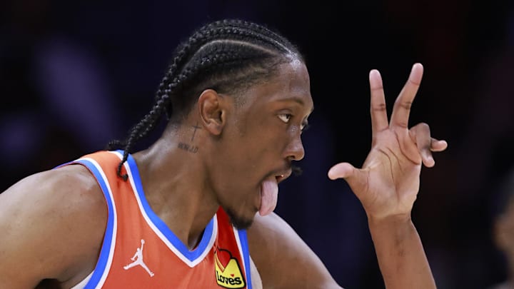Dec 20, 2024; Miami, Florida, USA;  Oklahoma City Thunder forward Jalen Williams (8) reacts after a three-point basket against the Miami Heat during the second half at Kaseya Center. Mandatory Credit: Rhona Wise-Imagn Images