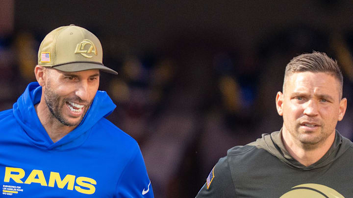 Los Angeles Rams quarterbacks coach Dave Ragone (left) and defensive coordinator Chris Shula (right). Mandatory Credit: Kyle Terada-Imagn Images Los Angeles Rams quarterbacks coach Dave Ragone (left) and defensive coordinator Chris Shula (right). Mandatory Credit: Kyle Terada-Imagn Images
