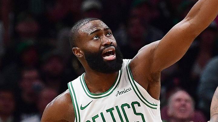 Apr 20, 2025; Boston, Massachusetts, USA; Boston Celtics guard Jaylen Brown (7) questions a foul to referee Mitchell Ervin during the second half against the Orlando Magic at TD Garden. Mandatory Credit: Bob DeChiara-Imagn Images