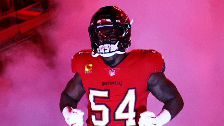Oct 21, 2024; Tampa, Florida, USA;Tampa Bay Buccaneers linebacker Lavonte David (54) runs out of the tunnel before the game Baltimore Ravens at Raymond James Stadium. Mandatory Credit: Kim Klement Neitzel-Imagn Images