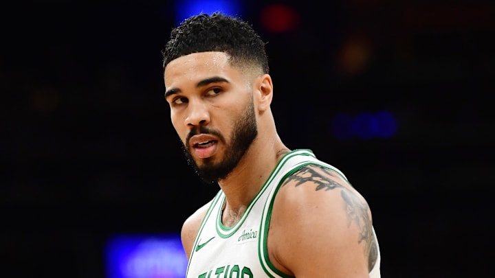 Apr 20, 2025; Boston, Massachusetts, USA; Boston Celtics forward Jayson Tatum (0) during the first half against the Orlando Magic at TD Garden. Mandatory Credit: Bob DeChiara-Imagn Images