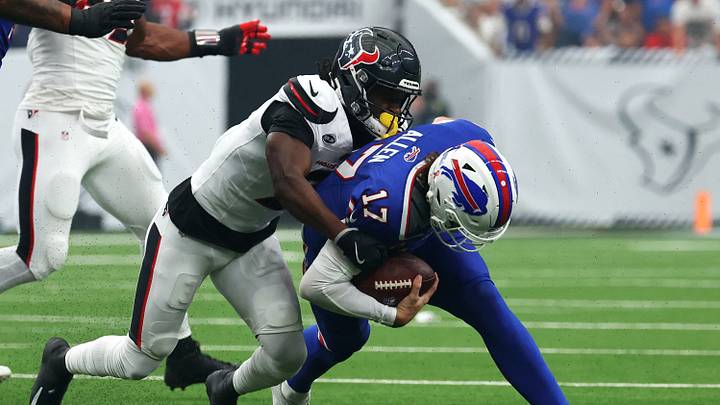 Sep 13, 2026; Houston, Texas, USA; Buffalo Bills quarterback Josh Allen (17) is tackled by Houston Texans cornerback Kamari Lassiter (3) during the first quarter at Reliant Stadium. Mandatory Credit: Thomas Shea-Imagn Images Sep 13, 2026; Houston, Texas, USA; Buffalo Bills quarterback Josh Allen (17) is tackled by Houston Texans cornerback Kamari Lassiter (3) during the first quarter at Reliant Stadium. Mandatory Credit: Thomas Shea-Imagn Images