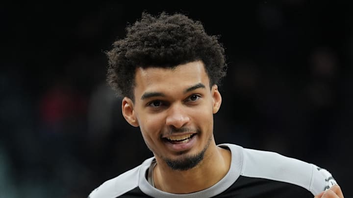 San Antonio Spurs center Victor Wembanyama speaks to the crowd after a game against the Portland Trail Blazers.