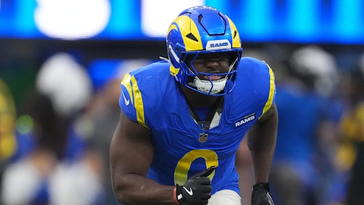 Dec 14, 2025; Inglewood, California, USA; Los Angeles Rams linebacker Byron Young (0) is seen during the fourth quarter against the Detroit Lions at SoFi Stadium. Mandatory Credit: Kirby Lee-Imagn Images