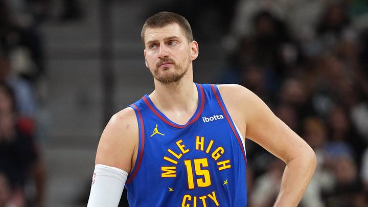 Apr 12, 2026; San Antonio, Texas, USA; Denver Nuggets center Nikola Jokic (15) awaits the start of a game against the San Antonio Spurs at Frost Bank Center. Mandatory Credit: Scott Wachter-Imagn Images