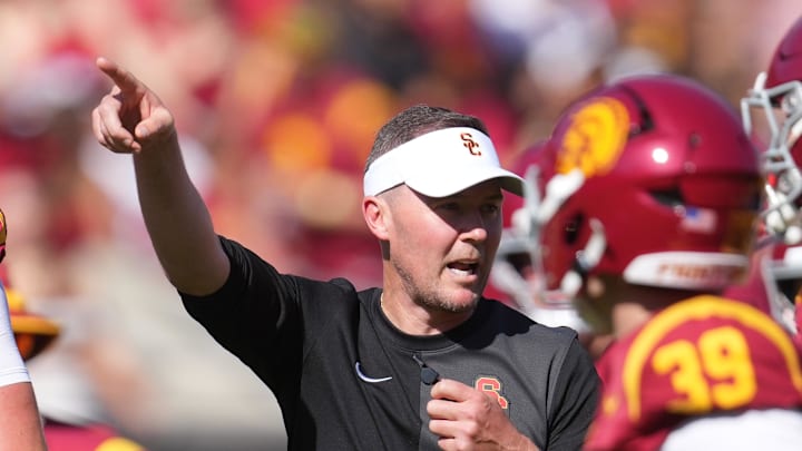 Aug 30, 2025; Los Angeles, California, USA; Southern California Trojans head coach Lincoln Riley gestures during the game against the Missouri State Bears at United Airlines Field at Los Angeles Memorial Coliseum. Mandatory Credit: Kirby Lee-Imagn Images
