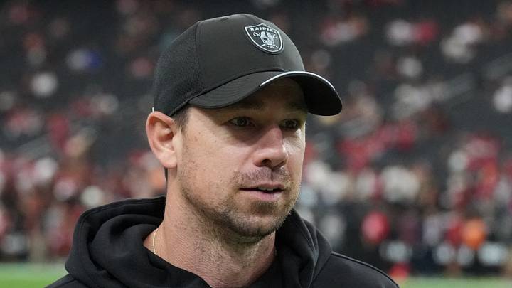 Aug 27, 2026; Paradise, Nevada, USA;  Las Vegas Raiders head coach Klint Kubiak looks on during warmups before a game against the San Francisco 49ers at Allegiant Stadium.  Mandatory Credit: Kirby Lee-Imagn Images