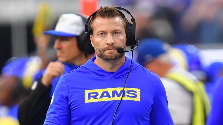 Dec 8, 2024; Inglewood, California, USA; Los Angeles Rams head coach Sean McVay watches game action against the Buffalo Bills during the second half at SoFi Stadium. Mandatory Credit: Gary A. Vasquez-Imagn Images