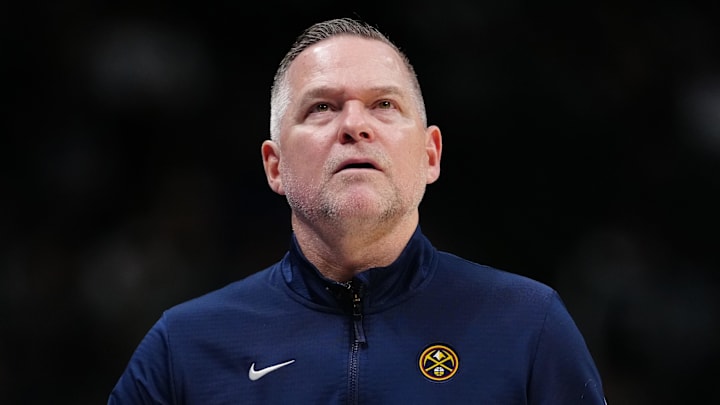Mar 12, 2025; Denver, Colorado, USA; Denver Nuggets head coach Michael Malone during the fourth quarter against the Minnesota Timberwolves at Ball Arena. Mandatory Credit: Ron Chenoy-Imagn Images