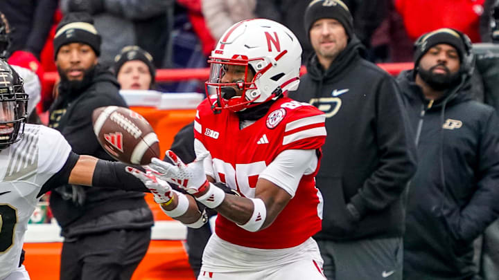 Nebraska Cornhuskers wide receiver Jaidyn Doss tries to bring in a catch against Purdue.