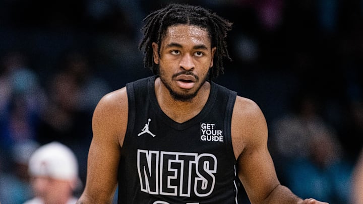 Mar 8, 2025; Charlotte, North Carolina, USA; Brooklyn Nets guard Cam Thomas (24) brings the ball up court against the Charlotte Hornets during the first quarter at Spectrum Center. Mandatory Credit: Scott Kinser-Imagn Images Mar 8, 2025; Charlotte, North Carolina, USA; Brooklyn Nets guard Cam Thomas (24) brings the ball up court against the Charlotte Hornets during the first quarter at Spectrum Center. Mandatory Credit: Scott Kinser-Imagn Images