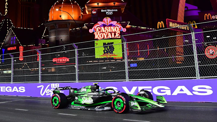 Nov 22, 2024; Las Vegas, Nevada, USA; Stake F1 Sauber driver Zhou Guanyu (24) during practice at Las Vegas Circuit. Mandatory Credit: Gary A. Vasquez-Imagn Images
