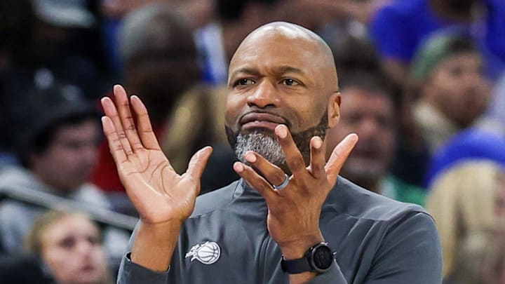 Apr 8, 2026; Orlando, Florida, USA; Orlando Magic head coach Jamahl Mosley reacts during the second quarter against the Minnesota Timberwolves at Kia Center. Mandatory Credit: Mike Watters-Imagn Images